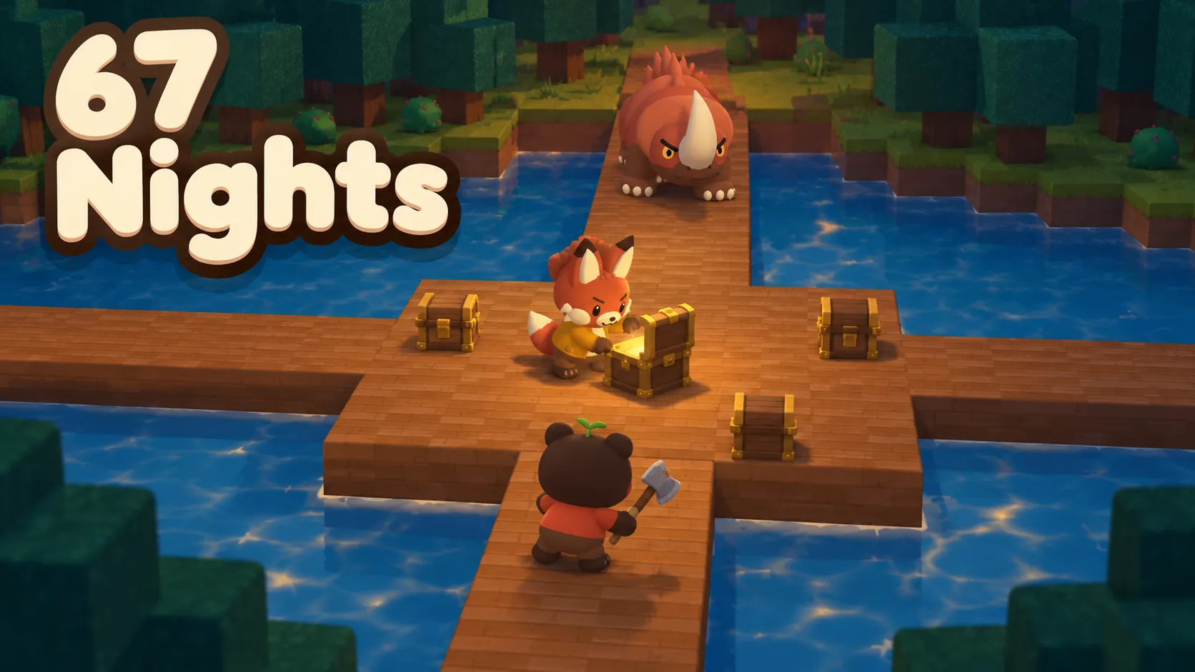 67 Nights: a bear and a fox at the bridge chests face a Cognecorne. Edited gameplay screenshot.