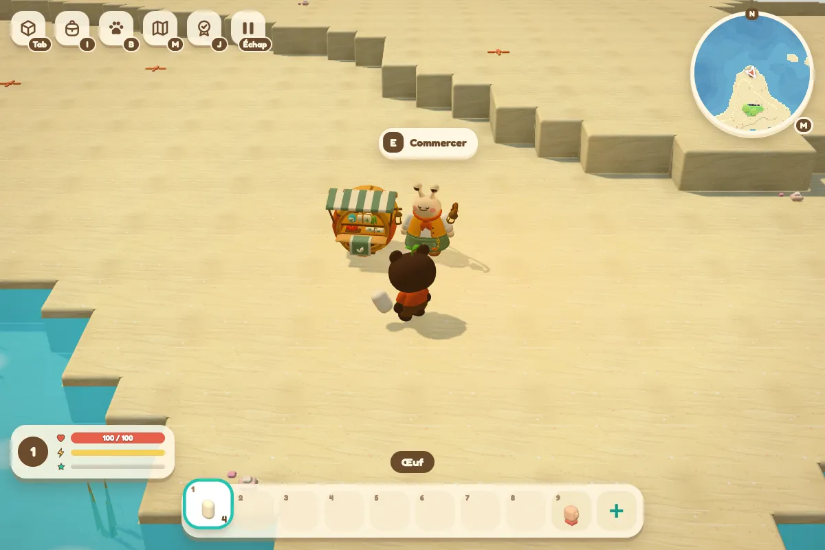 Bazar and his small striped stall on a beach, facing the character, who is holding an egg.