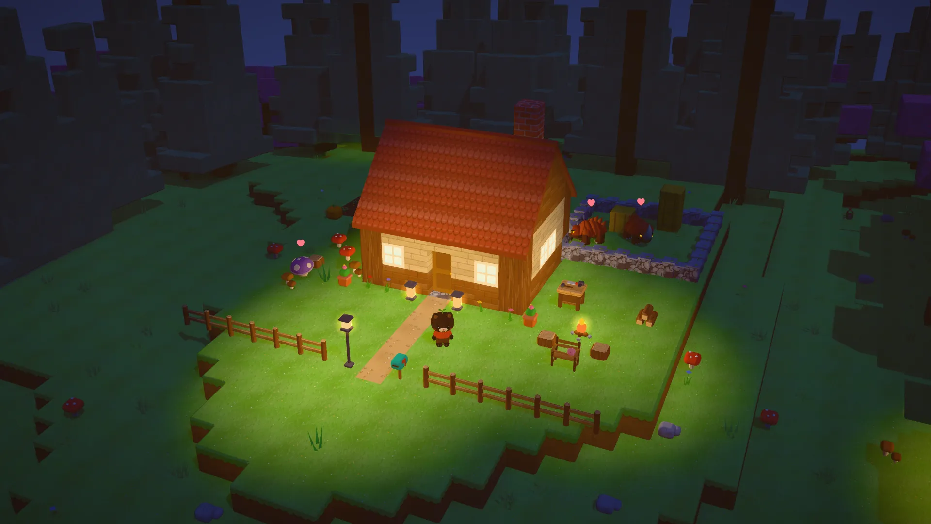 The cabin at night, with glowing windows and lanterns.