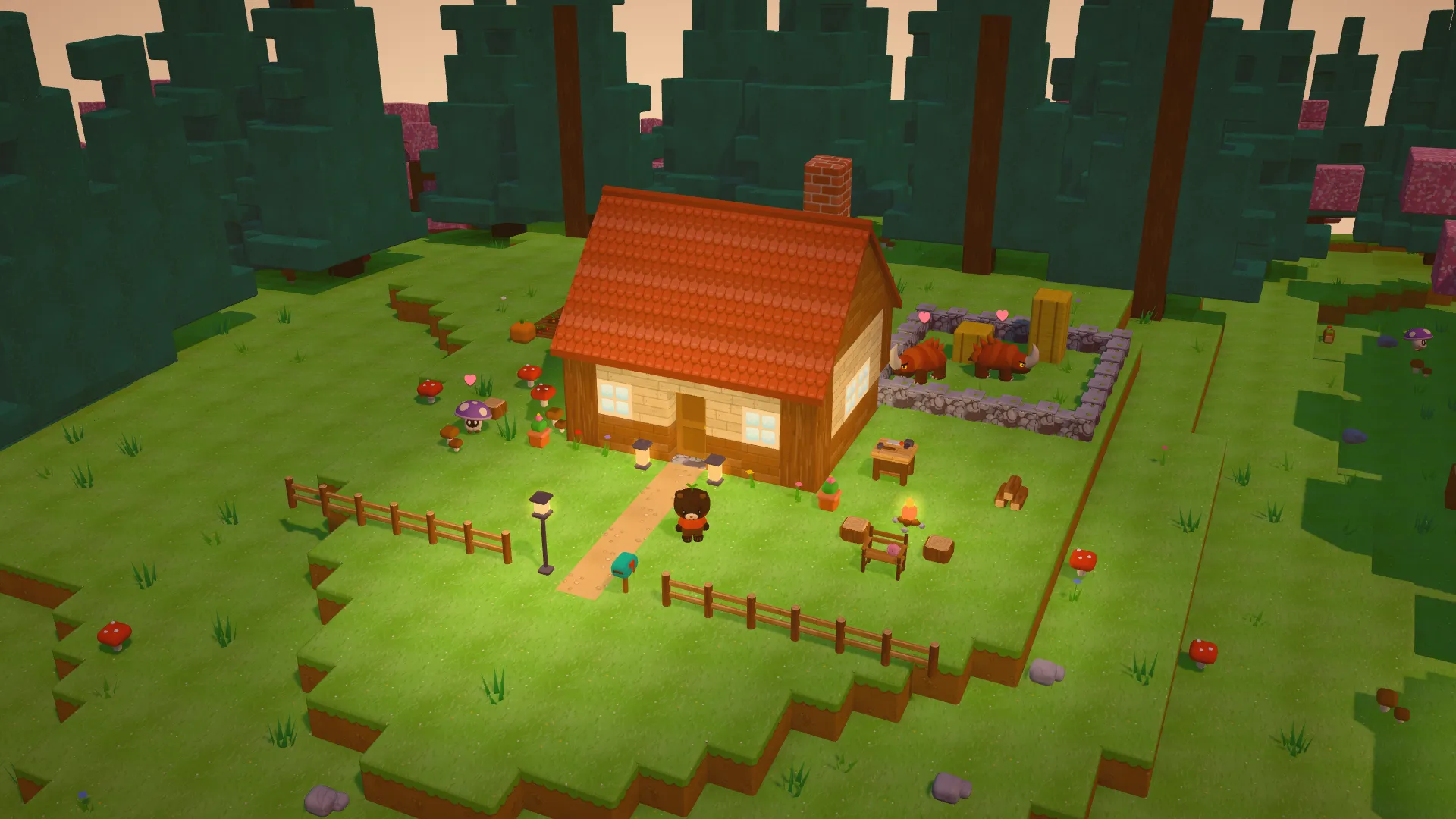 The cabin at sunset, lanterns glowing by the door and two Cognecornes in their pasture.