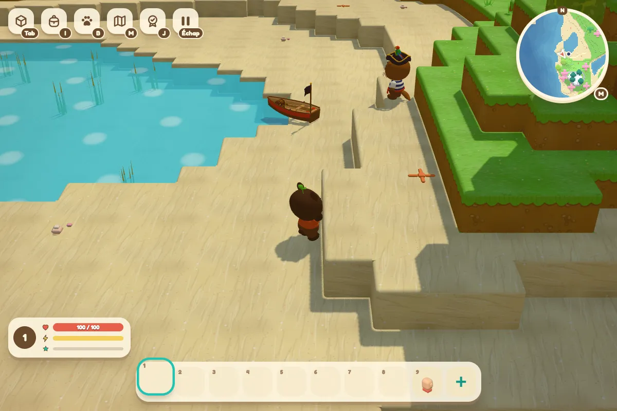 Clapotis in pirate clothes next to his boat on a beach in Cabane.