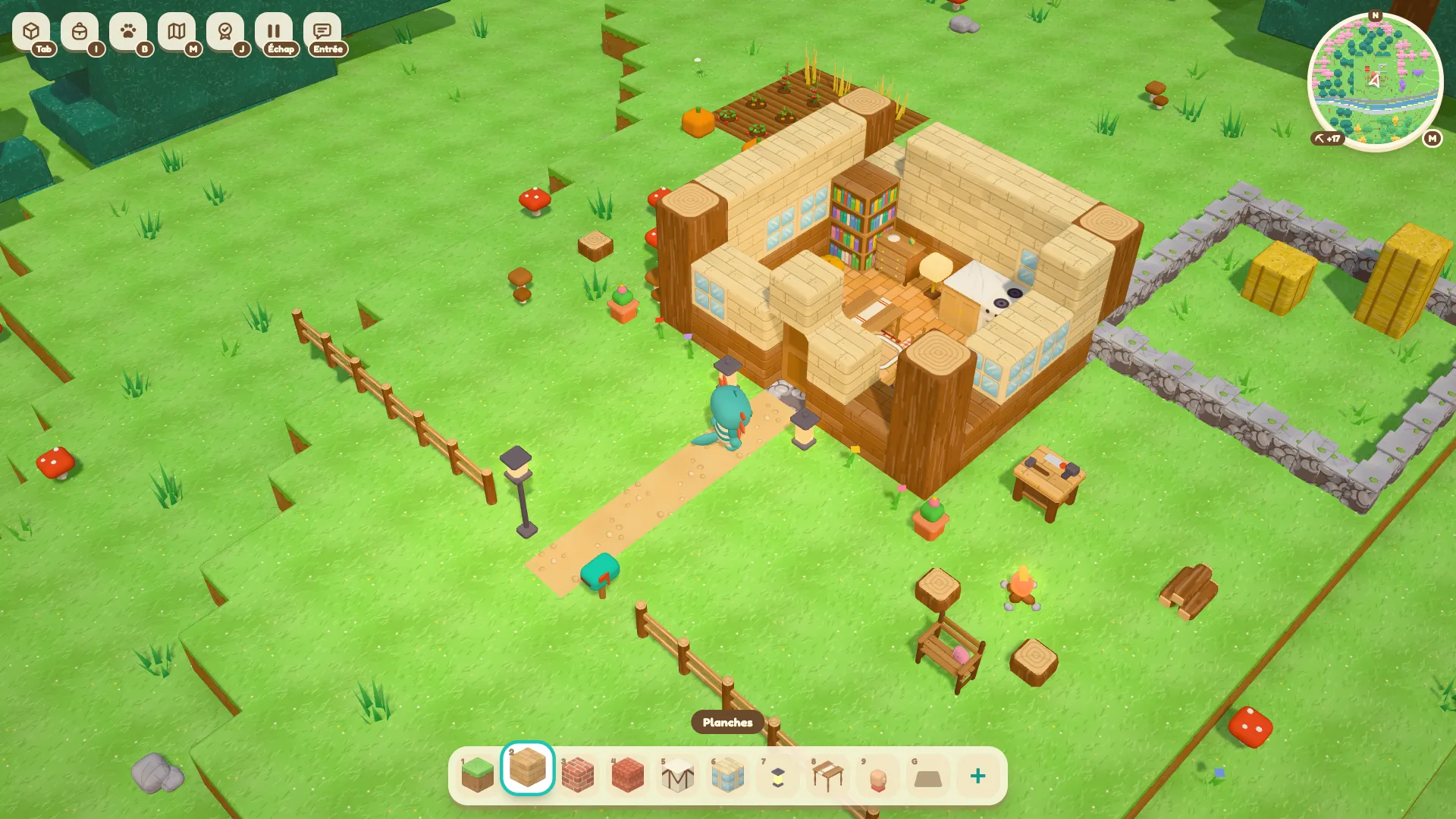 A cabin under construction: plank walls going up, with no roof yet.