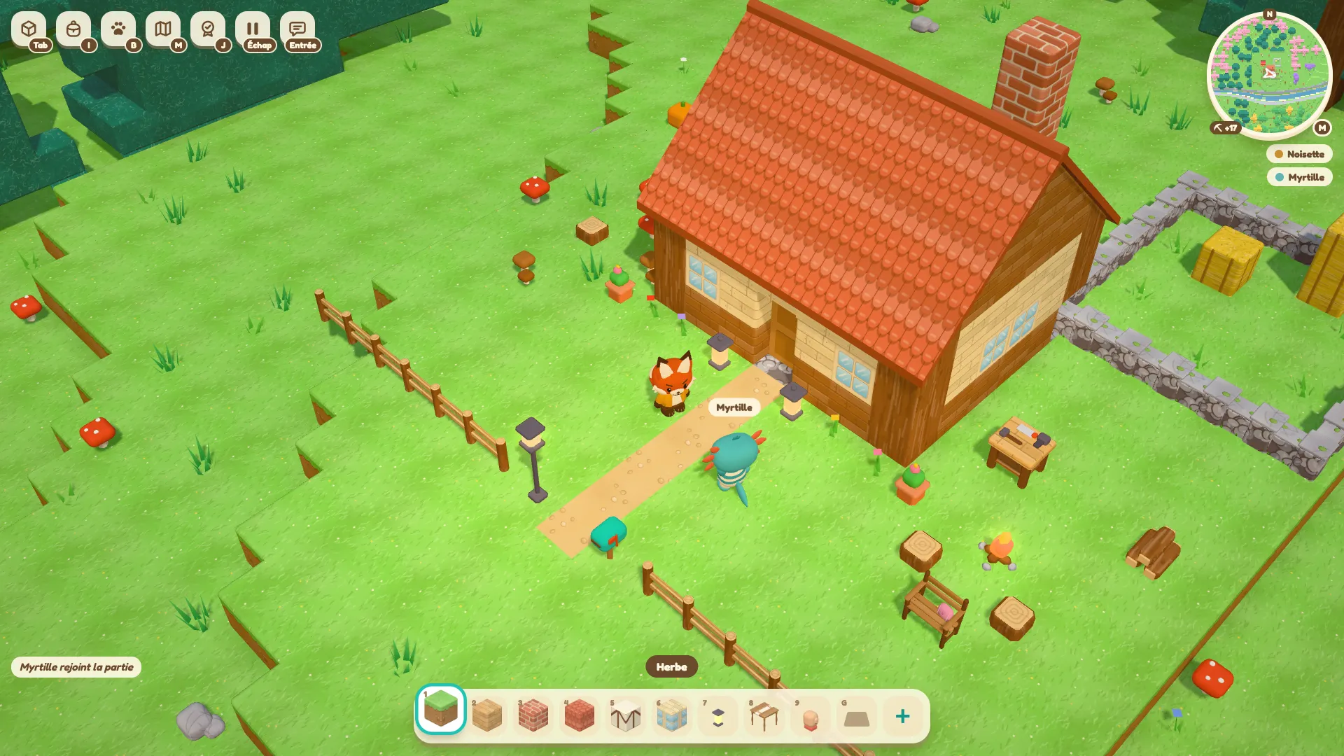 Two players outside the cabin, a fox and an axolotl.