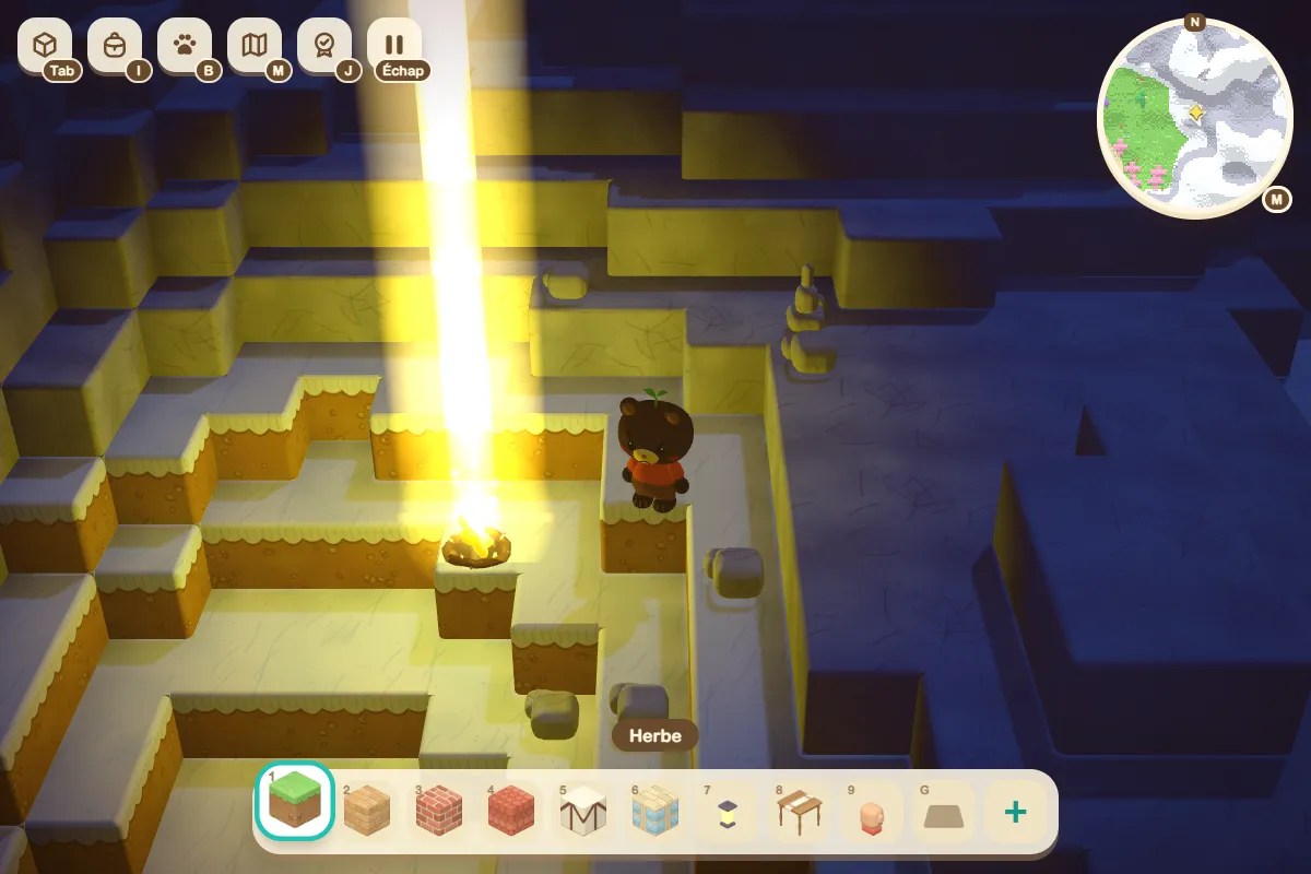 A yellow star fallen on a snowy slope, under a column of light, near the character.