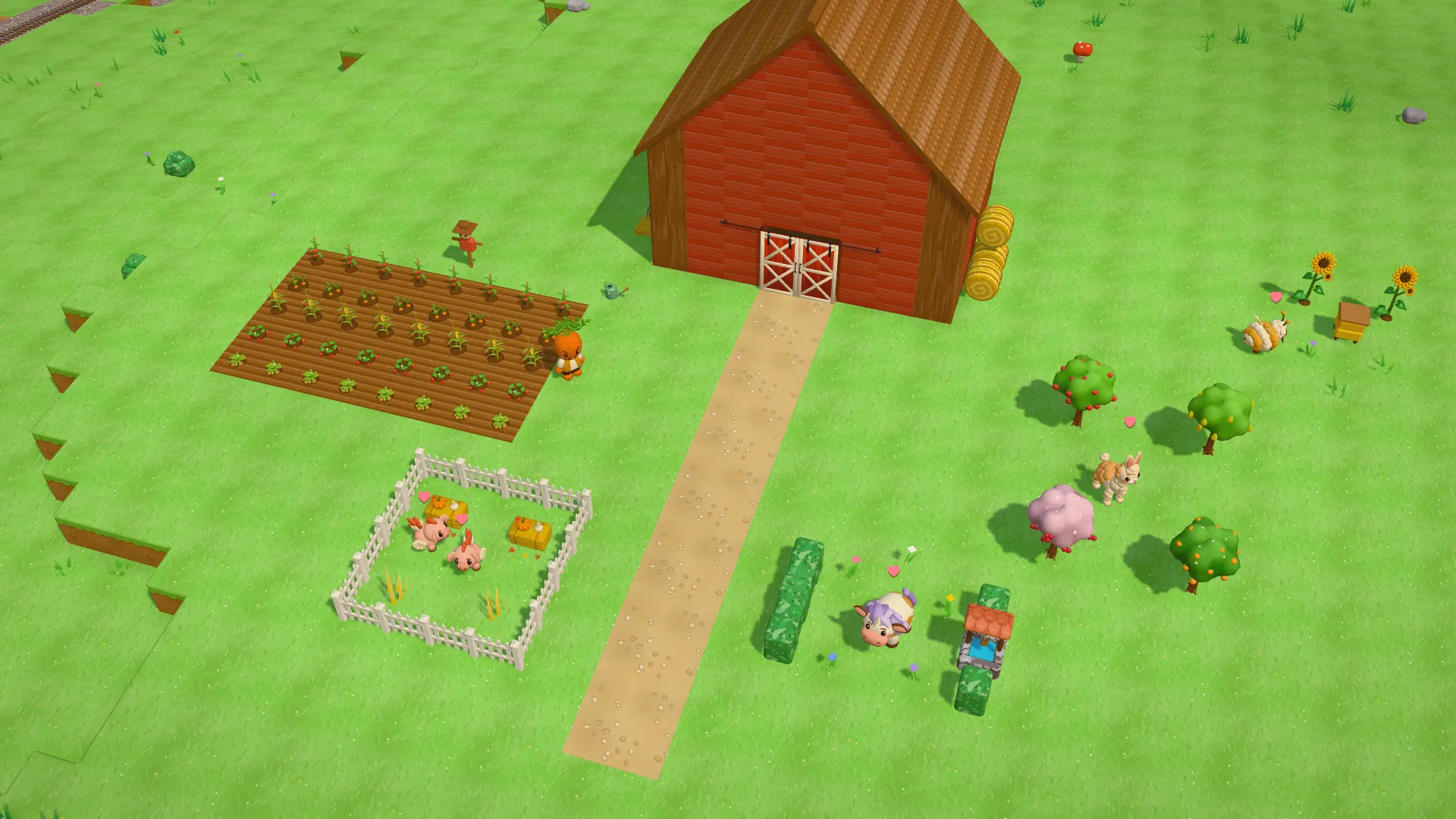 A red barn, a ripe vegetable garden, fruit trees and farm animals in their habitats.