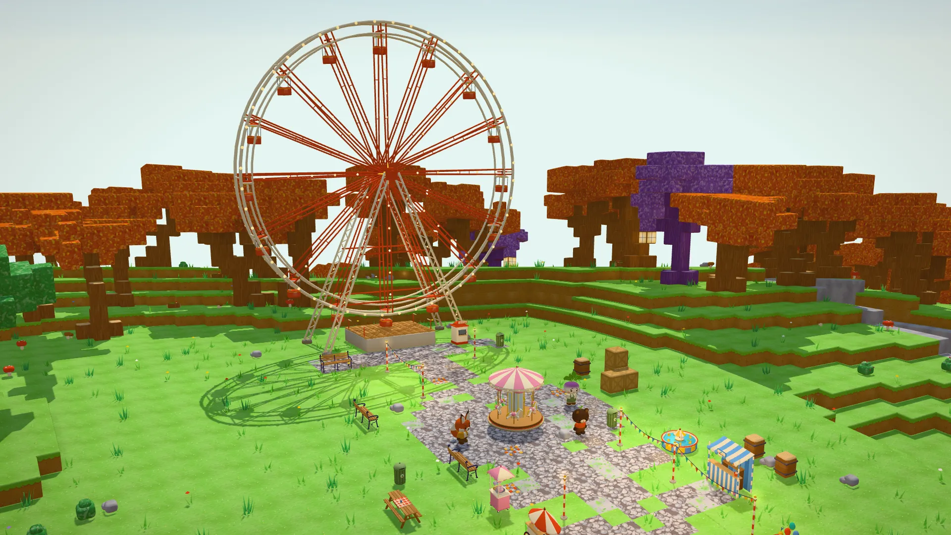 The repaired big wheel at the back of the fairground, with the carousel and stalls in front.