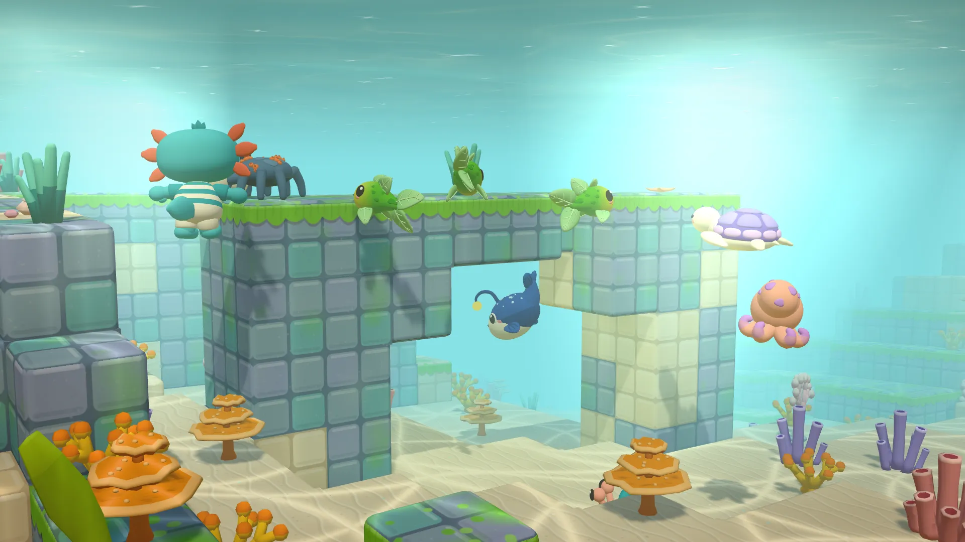An axolotl swims by a reef ruin among corals, with Feuille-Nages, a Coquilune and a Lanternon.