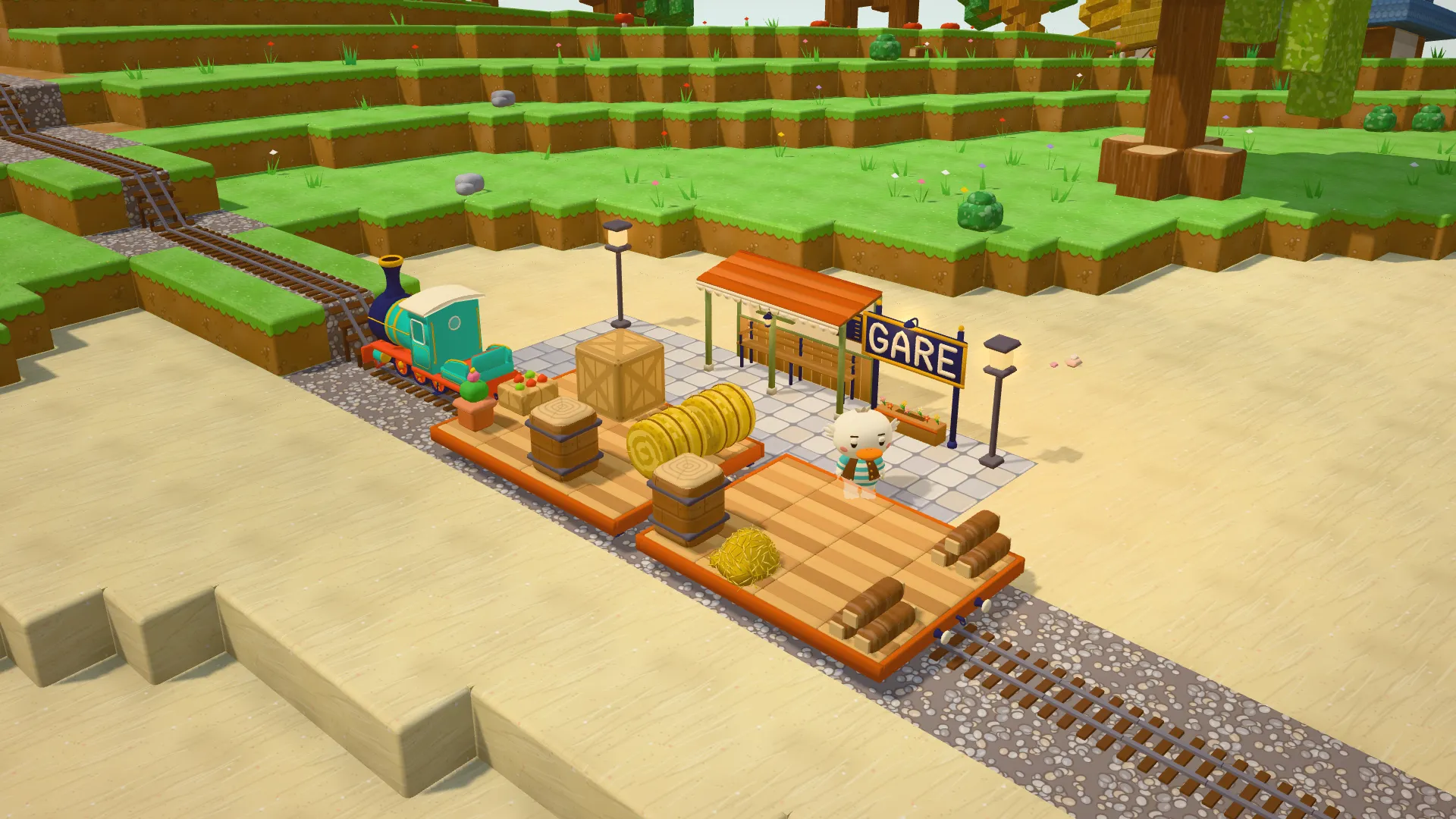 A locomotive and two flat wagons loaded with hay and crates, stopped at the station.