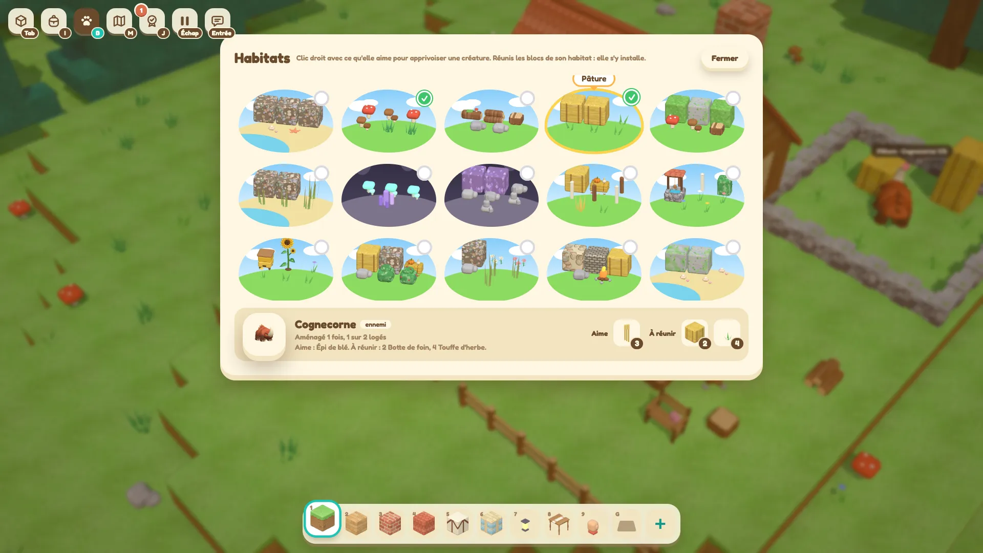 The habitats screen, with green checks on the pasture and mushroom ring.