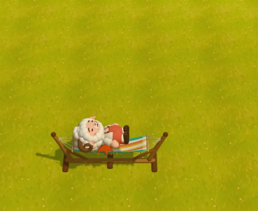 The sheep lying in a hammock with striped canvas, slung between two wooden posts.