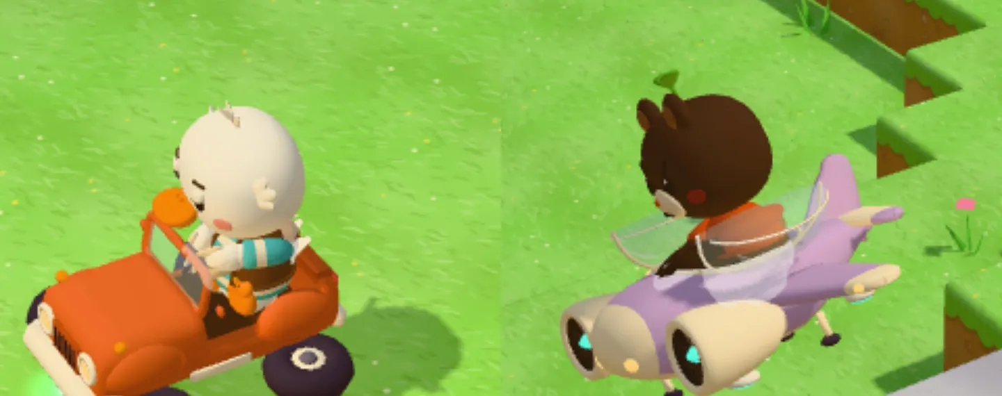 The duck at the wheel of a small orange car, next to the bear at the controls of a purple vehicle.
