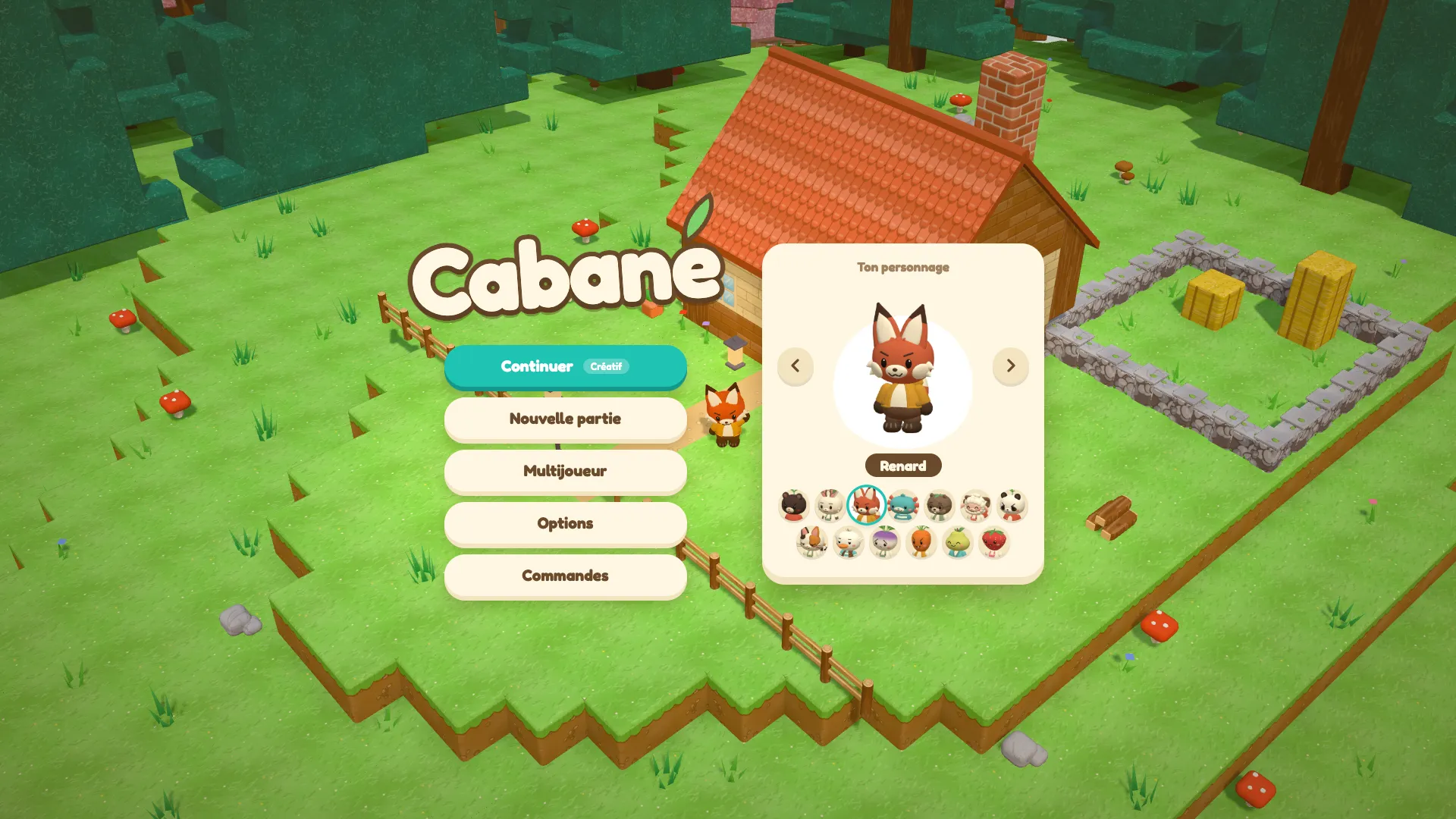 The game menu: the logo, a choice of thirteen characters and the cabin behind them.