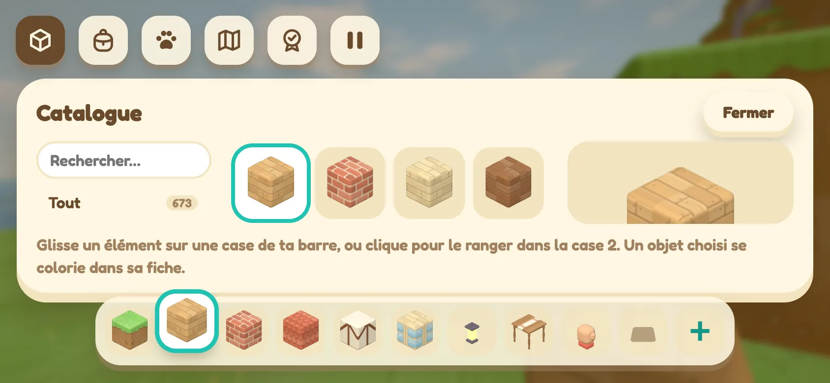 The Cabane catalogue in landscape, with search, items, preview and the selection bar.