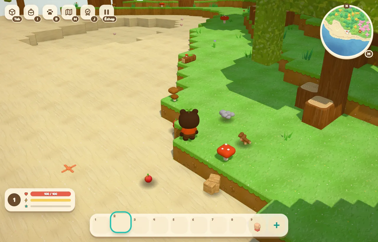 Resources and planks dropped on the grass and sand, next to the character.