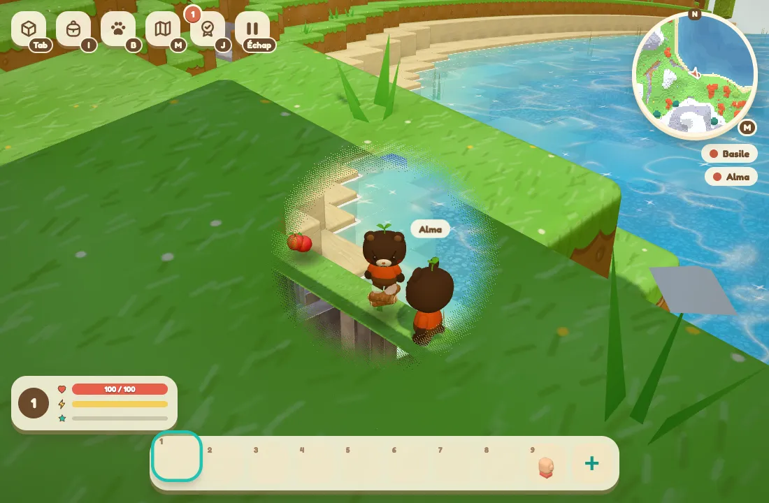 Two characters named Basile and Alma next to items dropped on the ground, in a multiplayer game.