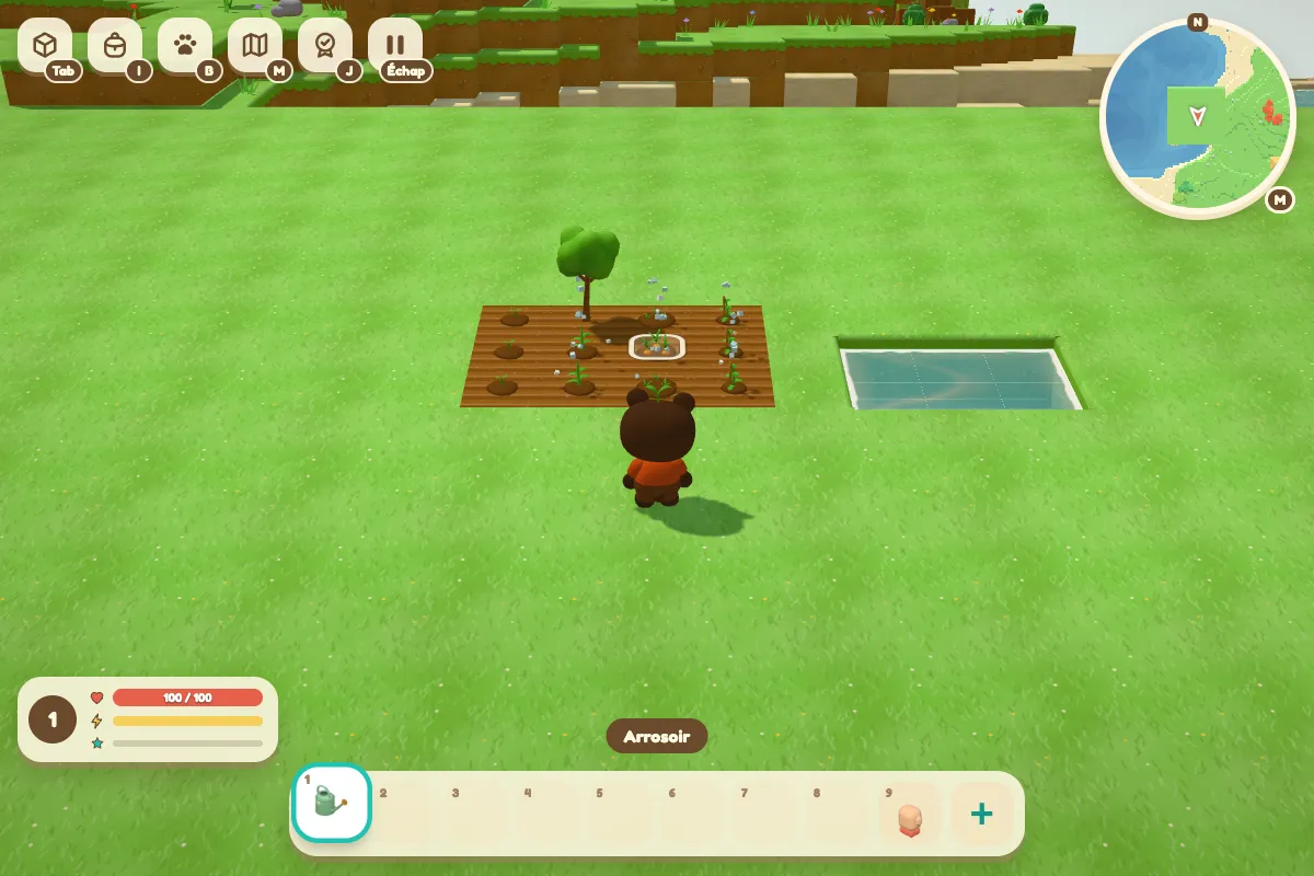 A character using a watering can over a patch of young plants, next to a small pond.