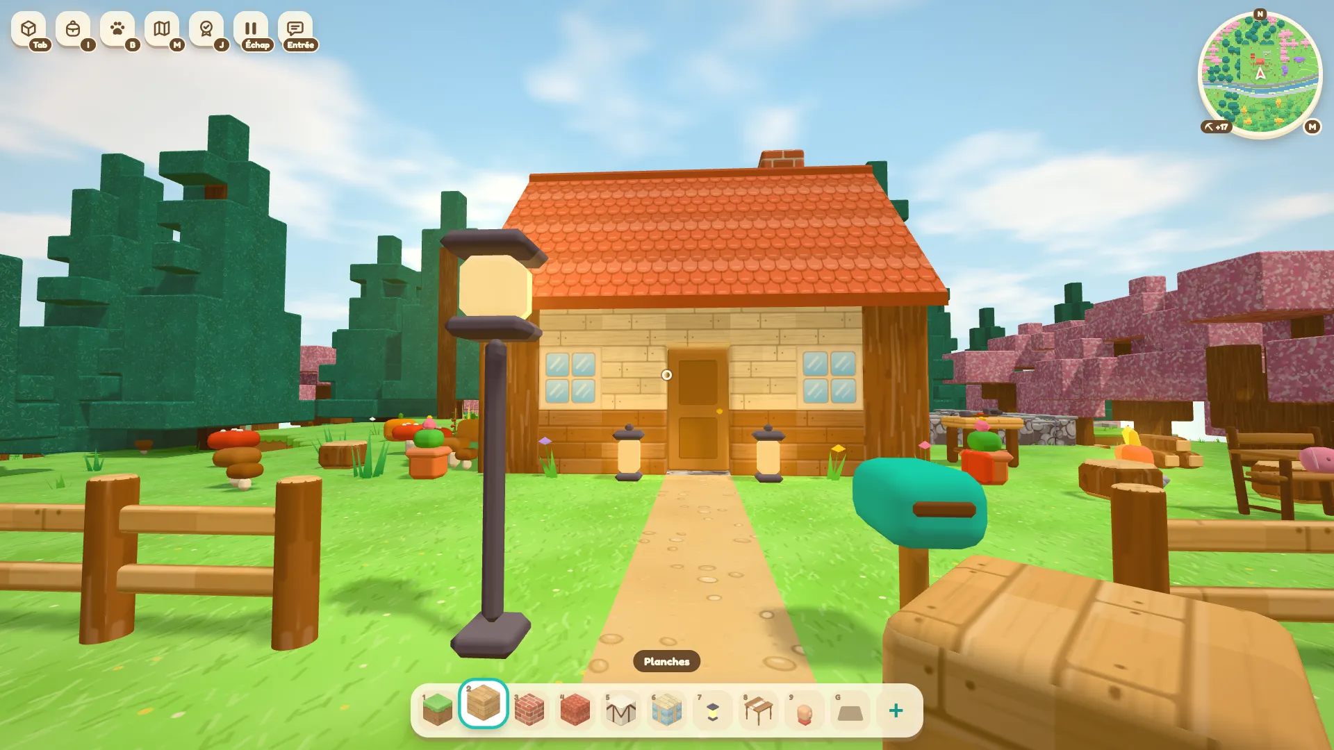 First-person view outside the cabin door, holding planks.