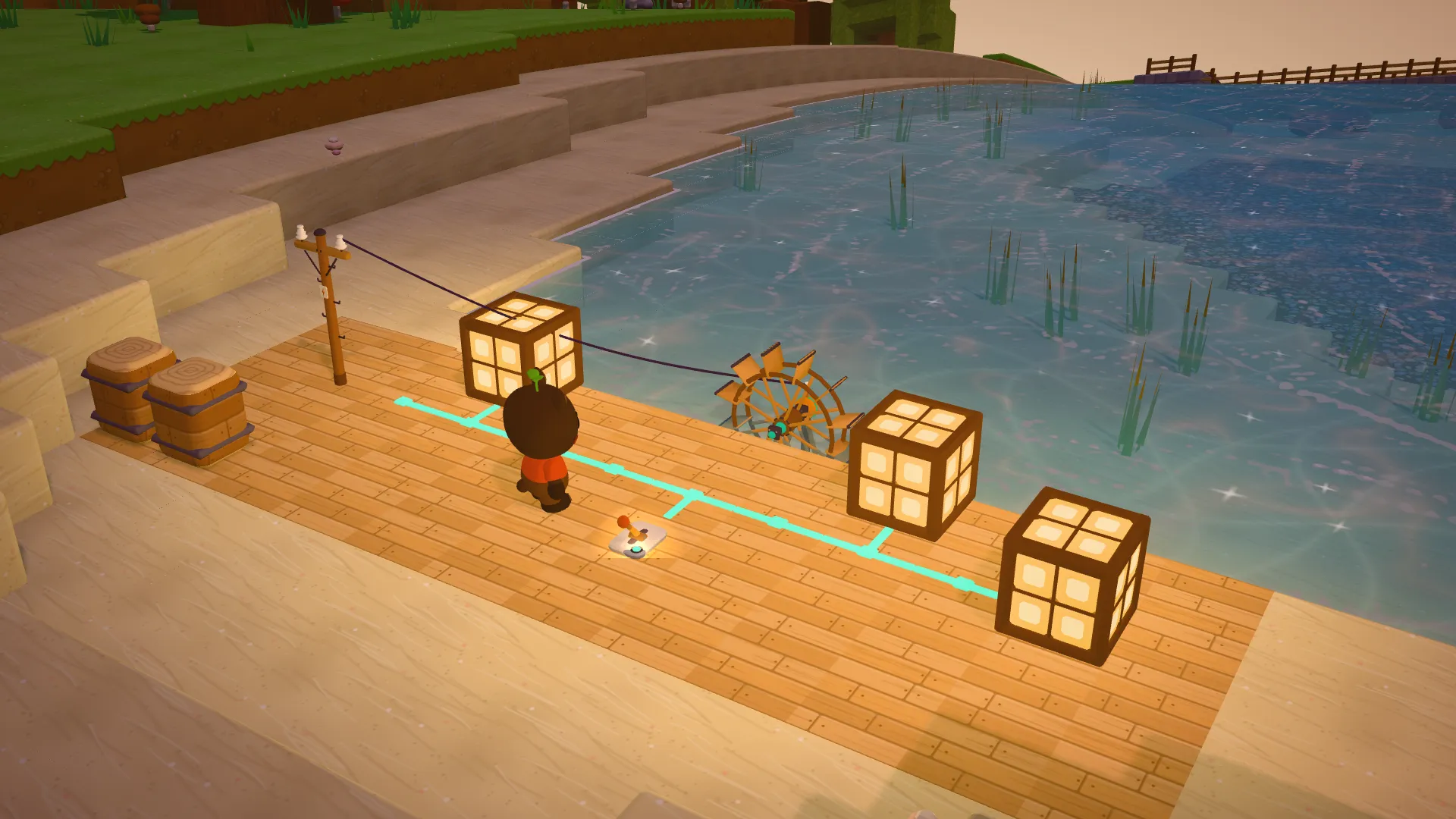A water wheel turns in the river; on the jetty, a lever lights three lamps.