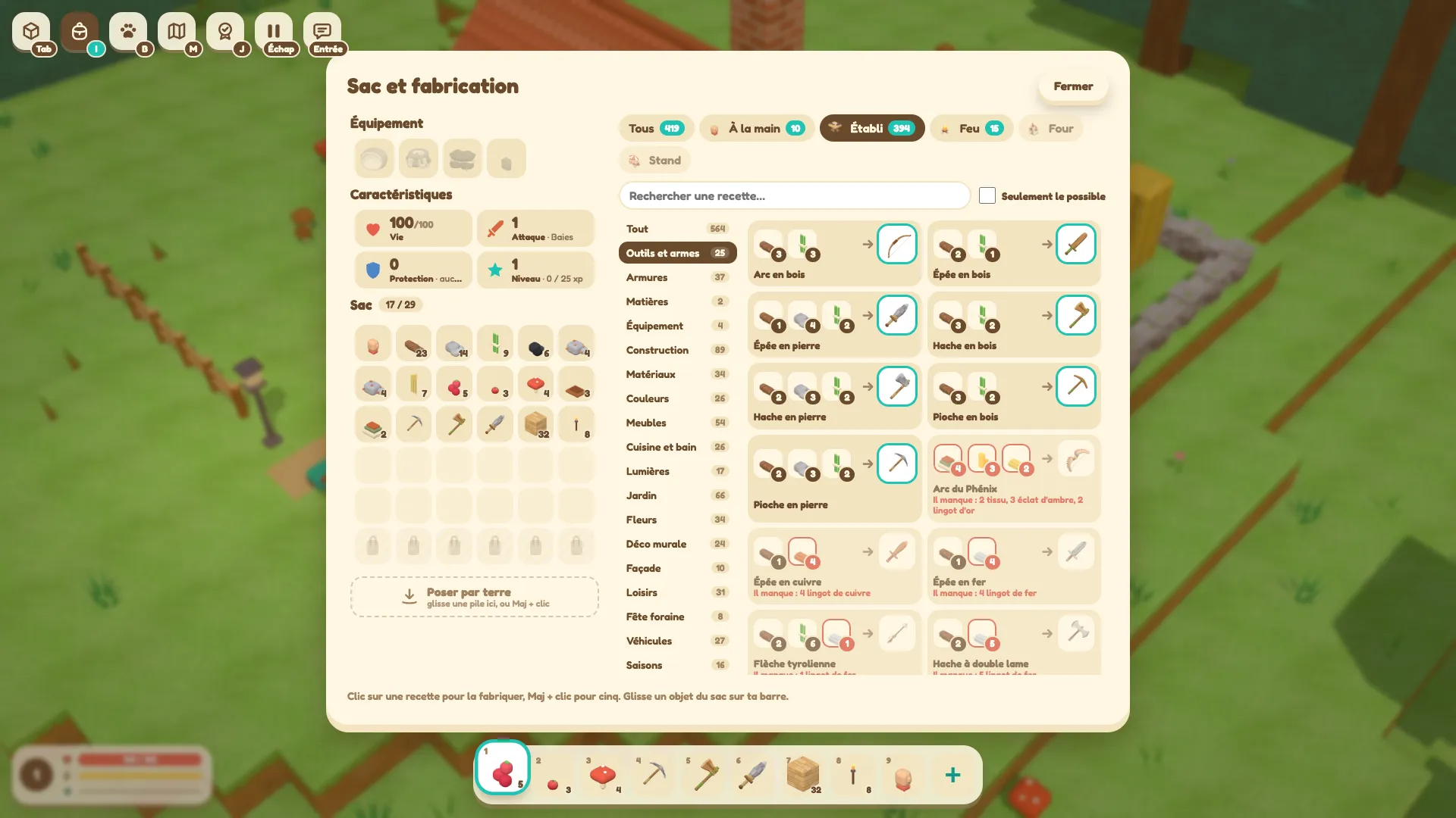The bag screen: gathered items on the left, workbench tools and weapons on the right, with missing ingredients in red.