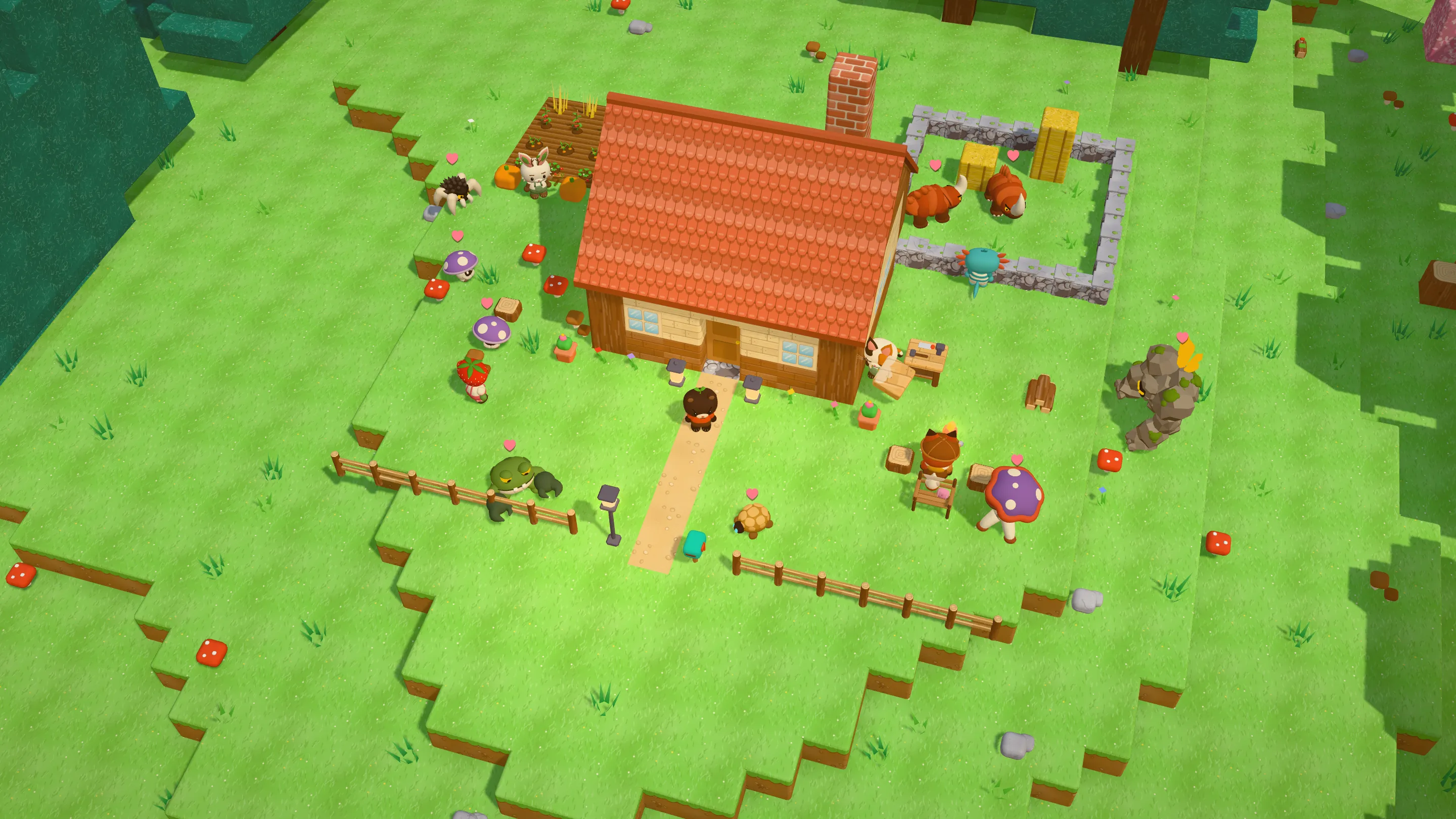 The finished cabin from above, with its vegetable garden, pasture and campfire area.