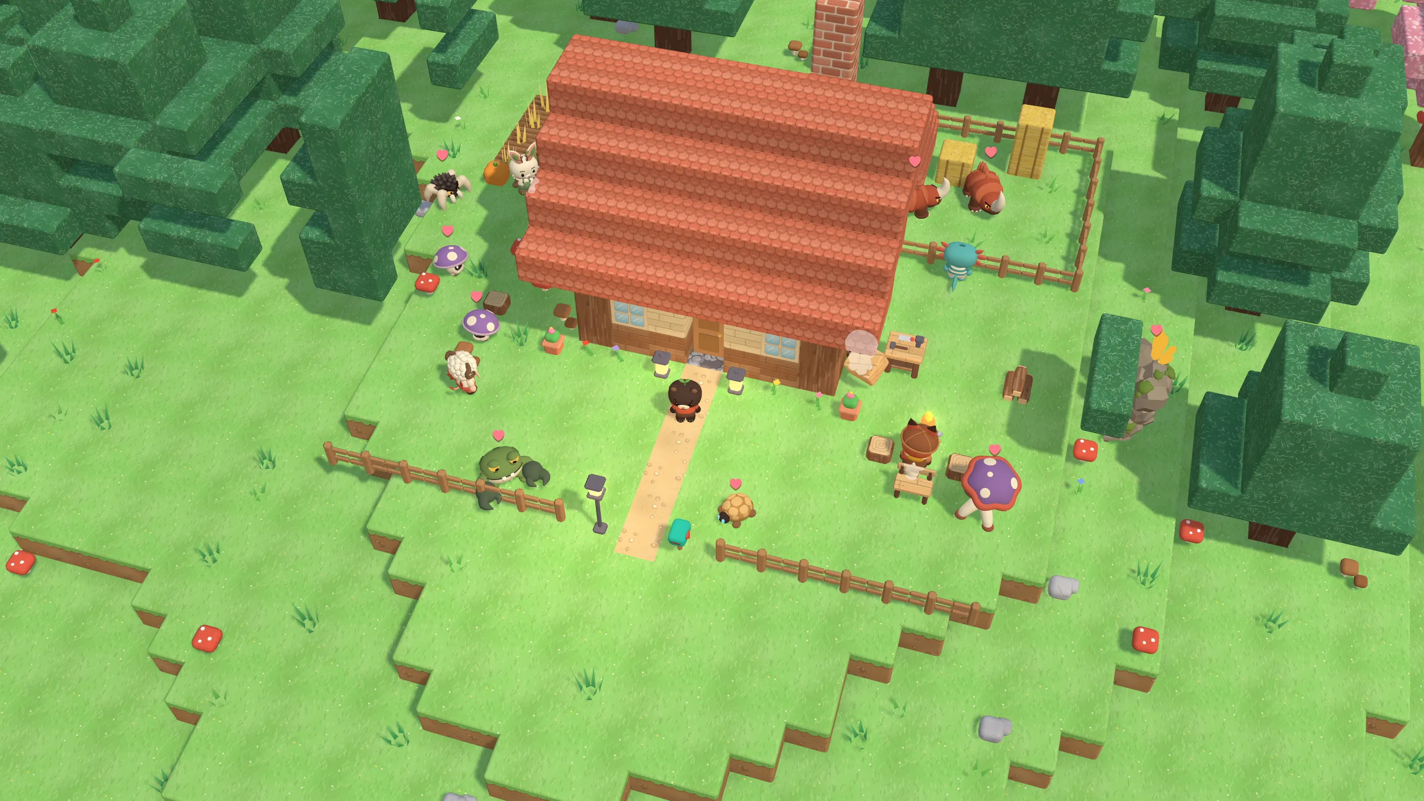 Le village vu d'en haut, en plein jour : une cabane au toit de tuiles rouges, ses six habitants (un ourson, un lapin, un renard, un axolotl, un castor et un mouton) et des créatures apprivoisées dans la pâture, au coin du feu et dans l'allée.